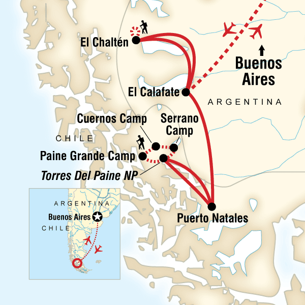 Map showing itinerary in Patagonia